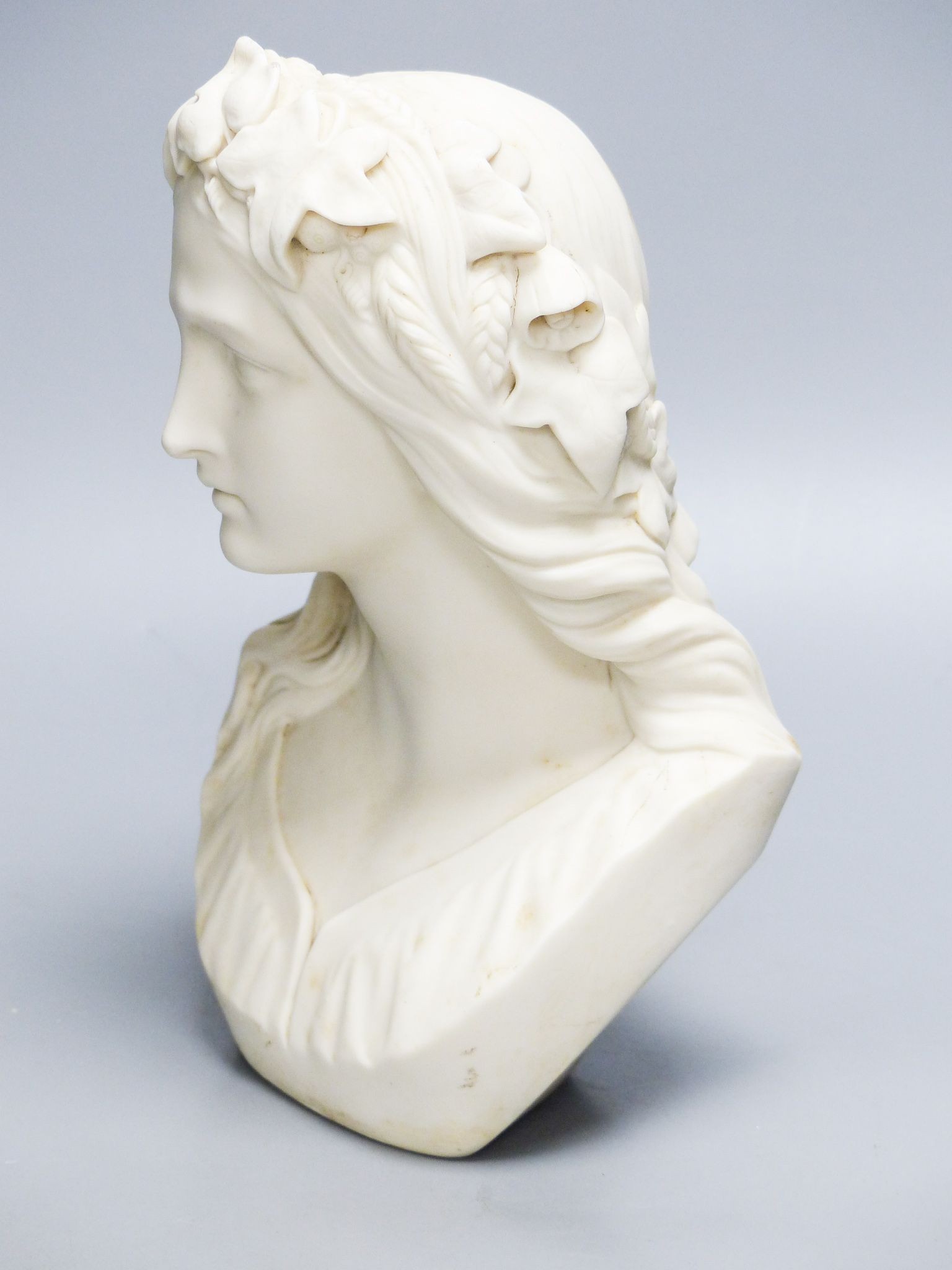 A Copeland Parian and bust of Ophelia, after W C Marshall, 23 cm high, lacking socle